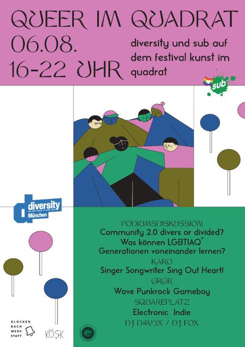 Queer im Quadrat: 06.08.2020 16 bis 22 Uhr. diversity und sub auf dem Festival Kunst im Quadrat.