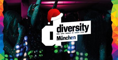 Party-Bild mit diversity Logo mit Weihnachtsmütze und Regenbogenrand